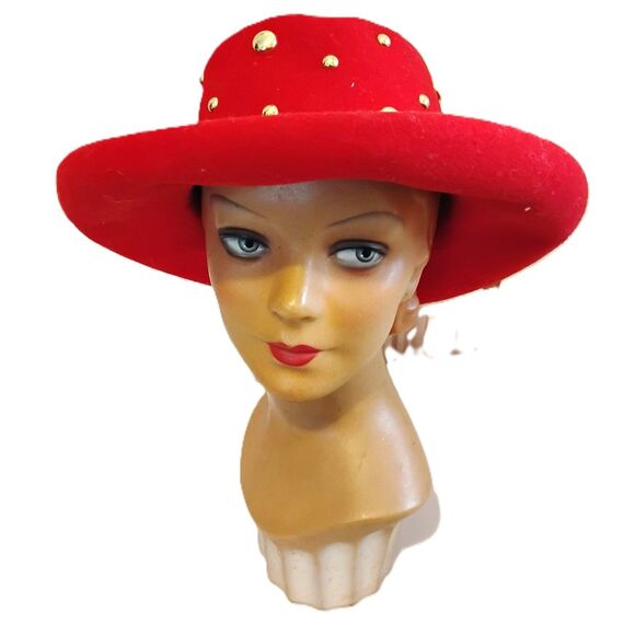 80s 90s Vintage Red Bollman Wool Hat with Gold Studs, Size 23 - Picture 3 of 5